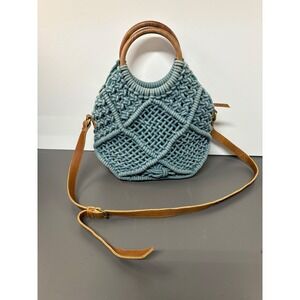 Anabaglish Blue Macrame Crossbody Bag Leather Base Wood Handles Boho Handbag